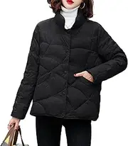 [Generic] Women's Black Quilted Puffer Jacket High-Neck Collar Button Front Geometric Stitching Long Sleeves Winter Coat