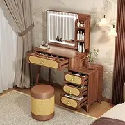 Dressing Table Set,with LED Lighted Mirror, Rattan Decorative Surface,Organiser Home Bedroom Furniture with Slide Bedside Table Bedroom Furniture Girls(23in/60cm)