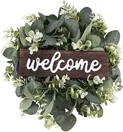 domoi Welcome Sign with Garland Door Decoration Wooden Hanging Sign with Artificial Eucalyptus Farmhouse Porch Decoration