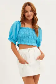 Blue Crop Top Short Sleeve Square Neck Linen Blend - Size 14, Women's Crop Top