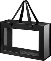 PETSLOVE Large Black Clear Gift Box for Fathers Day, 35.56x24.13x11.43 CM Groomsman Proposal Box with Window by Handle, Collapsible Box with Magnetic Closure (Glossy)