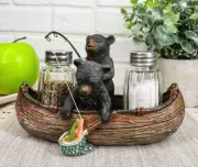 Black Bears Fishing In Canoe Boat Salt Pepper Shakers Holder Set