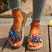 Women's Colorful Bohemian Flower Sandals – Handmade Woven Slip-On Flats for Beach Summer Casual Wear