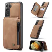 CaseMe Shockproof Samsung Galaxy S21 5G 4G Case Cover Zipper Wallet [Brown]