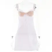 Sleeveless Plain Lace Panel Mini A-Line Dress White - L
