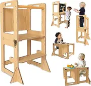 SENSUNIQ Toddler Tower, Kitchen Step Stool Helper for Kids, Wooden Montessori Learning Tower with Chalkboard, Multi-use 4 in 1 Kitchen Standing Tower, Foldable Weaning Table with Safety Rail, Beige