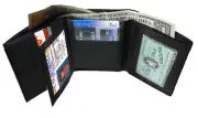 BLACK MENS LEATHER TRIFOLD WALLET CENTER FLAP CARD HOLDER FRONT POCKET