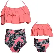 [KABETY] Girls Swimsuit Two Pieces Bikini Set Ruffle Falbala Swimwear Bathing Suits, Orange, Large
