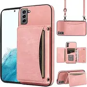 [ELISORLI] Phone Case For Samsung Galaxy S23 5G Wallet Cover with Crossbody Shoulder Strap and Leather Credit Card Holder Pocket Slim Cell Accessories S 23 23S GS23 G5 SM-S911U 6.1 inch Girls Pink