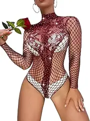 [Mingnos] Women's Rhinestone Sparkling Lace Collar Long Sleeve Mesh Lingerie Sexy Transparent Teddy Fishnet Glitter Body Tops