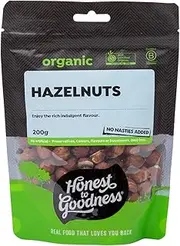 Honest to Goodness Organic Hazelnut Kernels, 200 Grams - A luxurious flavor and a delightful crunch! Famously complementing chocolate, Nutrient dense and a Pantry staple.