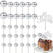 PEUTIER 31pcs Disco Ball Cupcake Toppers with Happy Birthday Sign, Silver Multiple Sizes Disco Theme Cake Toppers Disco Ball Cake Picks Decorations for 70s Disco Theme Party Favor, with Sticks