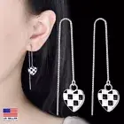Women 925 Sterling Silver Earrings Black White Heart Threader Ear Chain 1985