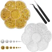 6200 pcs Flatback Pearls, findTop Gold Rhinestones for Crafts with Tweezers, Pearls for Crafts, Pearls for Nails, for Makeup, Nails, Artistic Decoration(Gold and White), 2/3/4/5/6/8/10 mm
