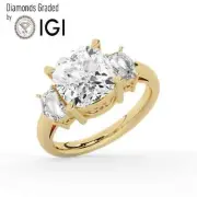 Cushion Solitaire Labgrown Diamond Trilogy Ring 14k Yellow Gold 4.00 Ct D VS1