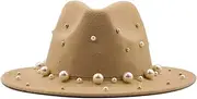 [Hcclijo] Winter Wide Brim Felted Jazz Cap Hand Made Pearl Wool Top Fedora Hat