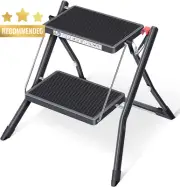 Step Ladder 2 Step Folding Non-Slip Rubber Mat Release Button 150kg Black
