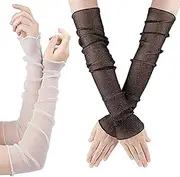 [Byttlerom] 2 Pairs Women Long Lace Gloves Sun Arms Legs Sleeves Fingerless Tulle Sunscreen Accessory Black White