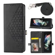 For Samsung Galaxy Z Fold4 5G Leather Grid Texture Phone Case With Lanyard