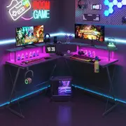 Advwin L Shaped Corner Desk RGB LED Gaming Desk with Monitor Stand Study Table Workstation Black