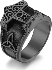 RIUKIU Men's Odin Thor's Hammer Ring, Vintage Stainless Steel Men's Ring,Black,11