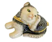 Black and White Scratching Cat Bejeweled Trinket Box with Austrian Crystals. New