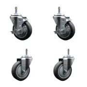 4 Inch Thermo Rubber Wheel Swivel 7/16 Inch Grip Ring Stem Caster Set 2 Brake