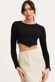 Black Crop Top Long Sleeve Crew Neck Seamless - Size L, Women's T-shirt