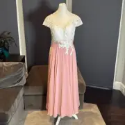 Women’s Ivory Lace Top Pink Chiffon V-Neck Cap Sleeves Formal Dress Size 4 NWT