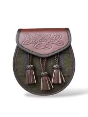 Men's Scottish Brown Leather Inside Double Bag Tweed Sporran | With Chain Strap