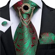 [GEDASHU] men's tie Men'S Tie Brooch Set Green Red Paisley Silk Tie Handkerchief Cufflinks Set Wedding Party Tie