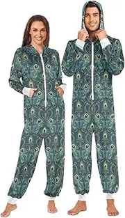 [ZZXXB] Peacock and Feather Onesie Pajamas for Adult Women Men Long Sleeves One Piece Onesies Hooded Sleepwear S - XL