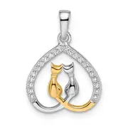 Ss/Gold Plated Sterling Silver Rh-Plated & Gold-Plated Cz Heart W/Two Cats Pendant