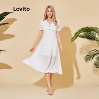 在飛比找蝦皮商城優惠-Lovito 波西米亞女式素色鈕扣荷葉邊領口分層襯裡連身裙 