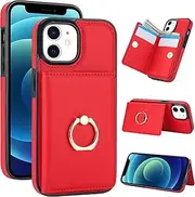 for iPhone 12 mini Wallet Case with Card Holder,Leather Cover with RFID Blocking,360°Rotating Ring Holder Stand Magnetic Clasp Shockproof Phone Case for iPhone 12 mini 5.4" (Red)
