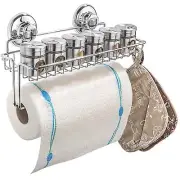 Suction Cup Paper Towel Holder with Shelf and Hooks - Wall Mount Metal Roll O...