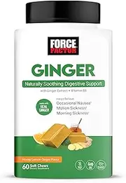FORCE FACTOR Ginger Chews for Nausea Relief, Motion Sickness, and Morning Sickness, Ginger Supplement with Vitamin B6 for Digestive Support, Non-GMO, Honey Lemon Ginger Flavor, 60 Soft Chews