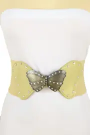 Women Gold Elastic Waistband Faux Leather Fabric Belt Butterfly Metal Buckle S M