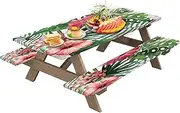 Picnic Table Cloths for Outdoors | Waterproof Table Cover with Green Leaves Pattern | Polyester Multifunctional Portable Table Protector with Bench Cover for Camping, Barbecue