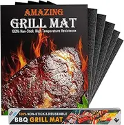 Grill Mats for Outdoor Grill Set of 6, Nonstick BBQ Grill Mats Reusable and Easy to Clean, Baking Mats Works on Gas, Charcoal, Electric Grill (Black: 40x33CM)