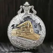 Silvery Case Hollow Golden Train Pocket Watch, Quartz Pocket Watch