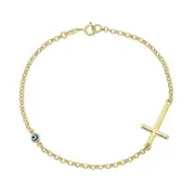 9kt Yellow Gold Silver Infused Cross & Evil Eye Bracelet