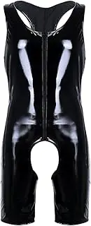 [FEESHOW] Men's Wet Look Leather Lingerie Black PVC Open Crotch Bodysuit Catsuit