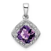 14K White Gold Cushion Amethyst and Real Diamond Pendant
