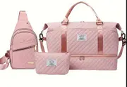 Pink Chic 3-Piece Quilted Travel Bag Set - Duffel, Crossbody Sling & Toiletry Pouch - Large Capacity & Lightweight