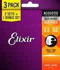 Elixir 16538 11-52 Nanoweb Acoustic Guitar Strings 3 Pack