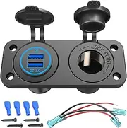 LH-QC 3.0 USB Outlet 12V Boat Marine Waterproof Cigarette Lighter Socket Splitter 12 Volt DC Power Charger Adapter DIY Kit with Blue LED Dual USB Ports for Rocker Switch Panel on Car RV Golf Cart ATV