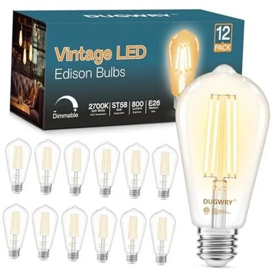 Vintage LED Edison Bulbs, Dimmable E26 Led Bulb Equivalent 60W, 12 Pack 2700k