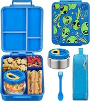 MAISON HUIS Bento Lunch Box for Kids With 8oz Soup Thermos, Leakproof Lunch Compartment Containers with 4 Compartment Bento Box, Thermos Food Jar and Lunch Bag, BPA Free,Travel, School(Alien in Space)