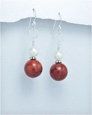 Pearl & Coral Silver Dangle Earrings, Red Coral & Pearl Sterling Silver Earrings